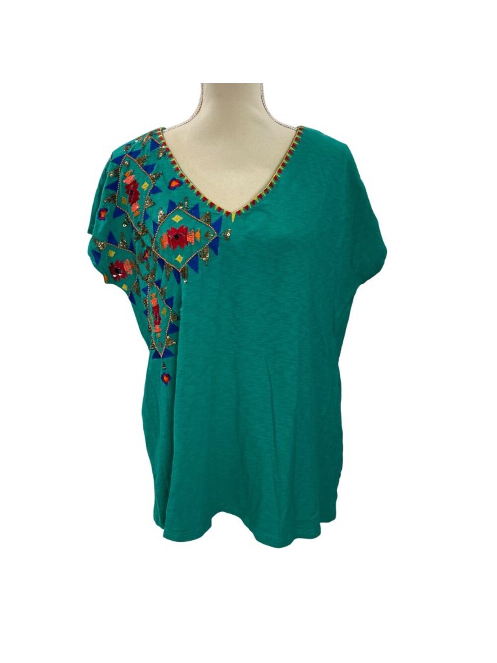 Soft Surroundings Beaded Knit Blouse Women's Size XL Embroidered Sequin Cotton